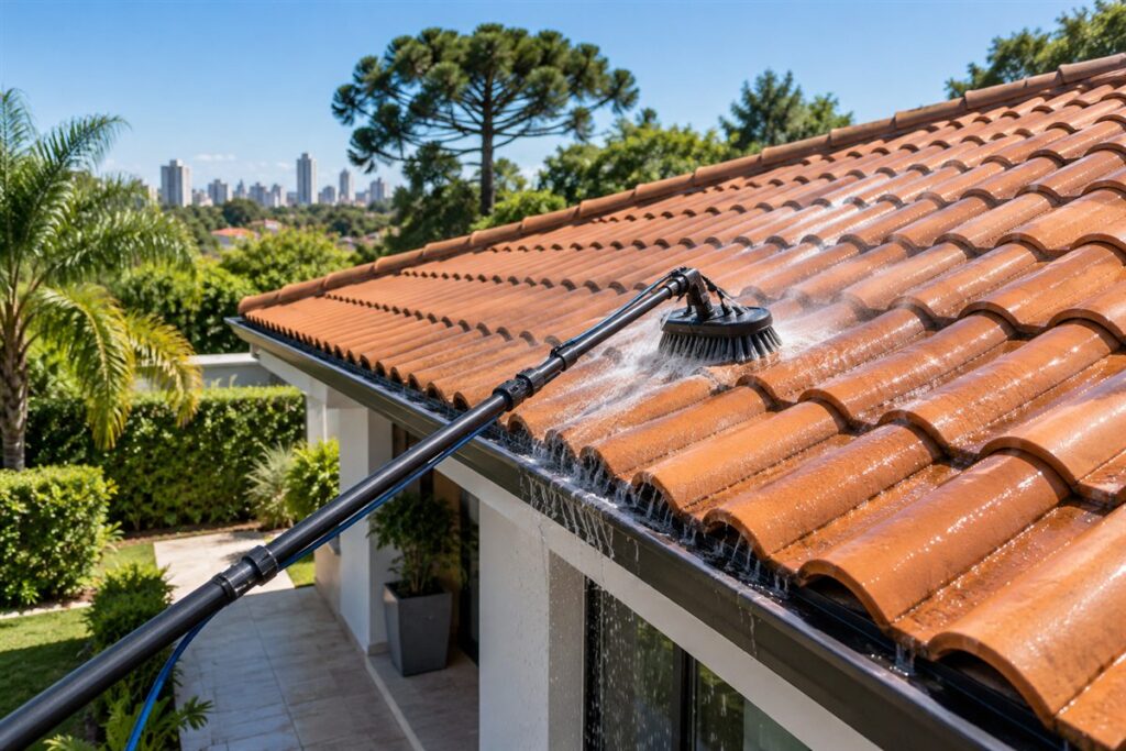 Limpeza de telhas de cerâmica de uma residência