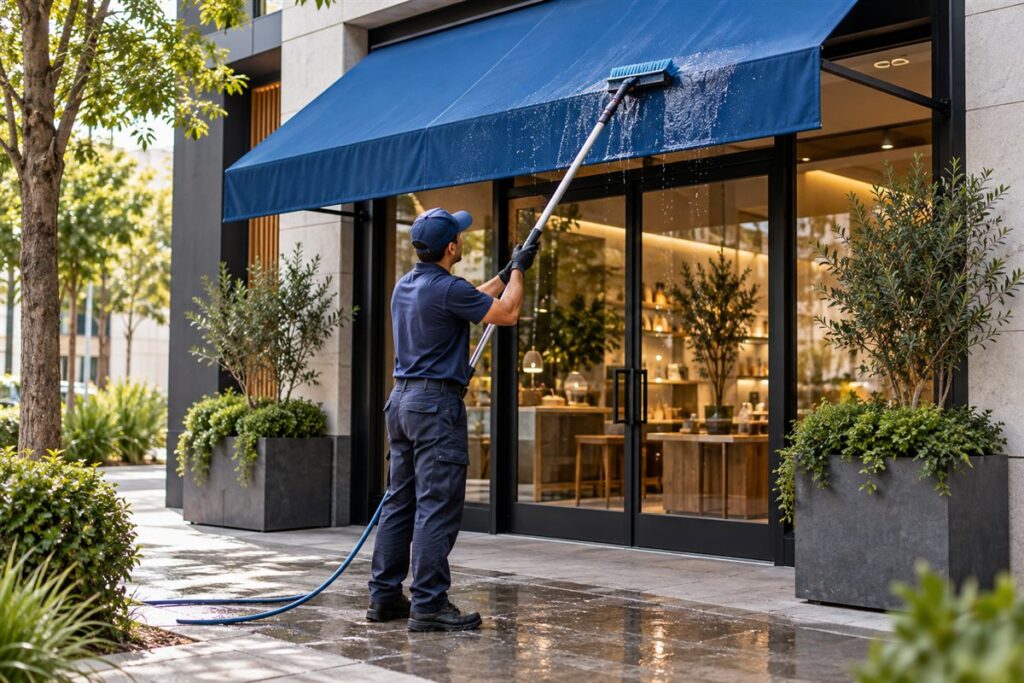 Lavagem de toldo azul de uma loja comercial